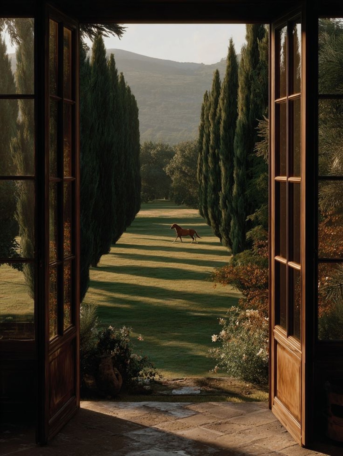 Portas abertas para um jardim com um cavalo ao entardecer