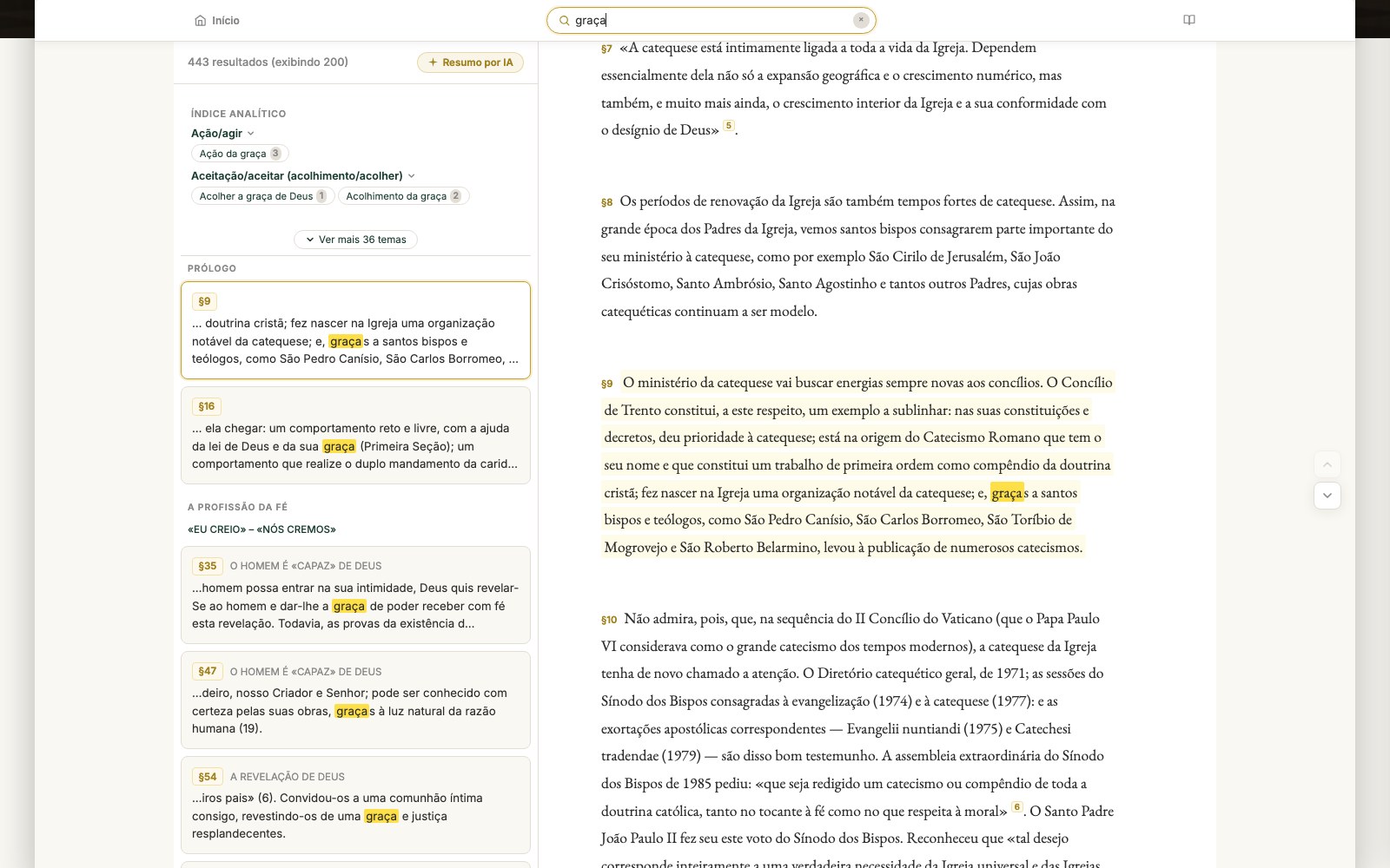 Busca por tema no Catecismo, com trechos destacados