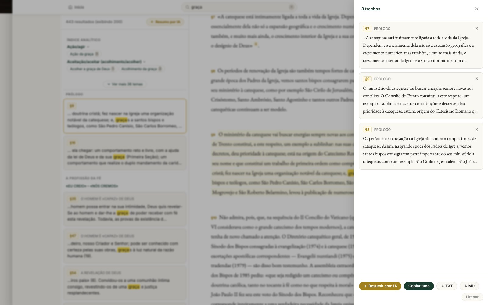 Barra de trechos salvos do Catecismo, com três parágrafos guardados para leitura