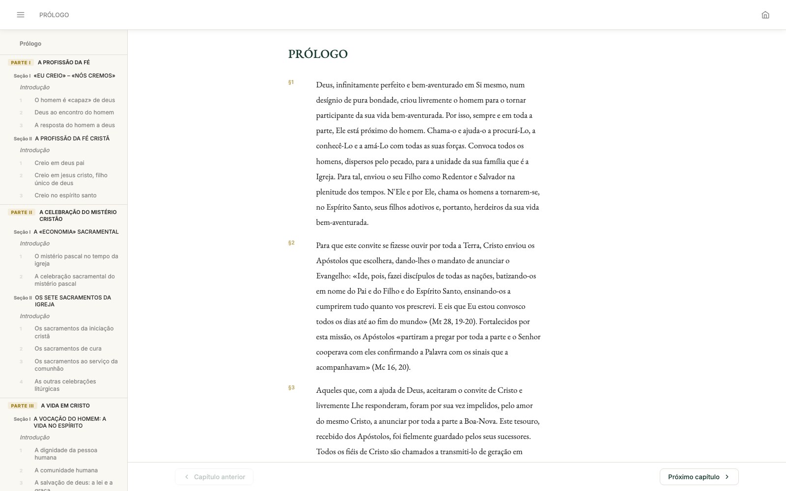 Modo leitura do Catecismo, com sumário completo ao lado do texto