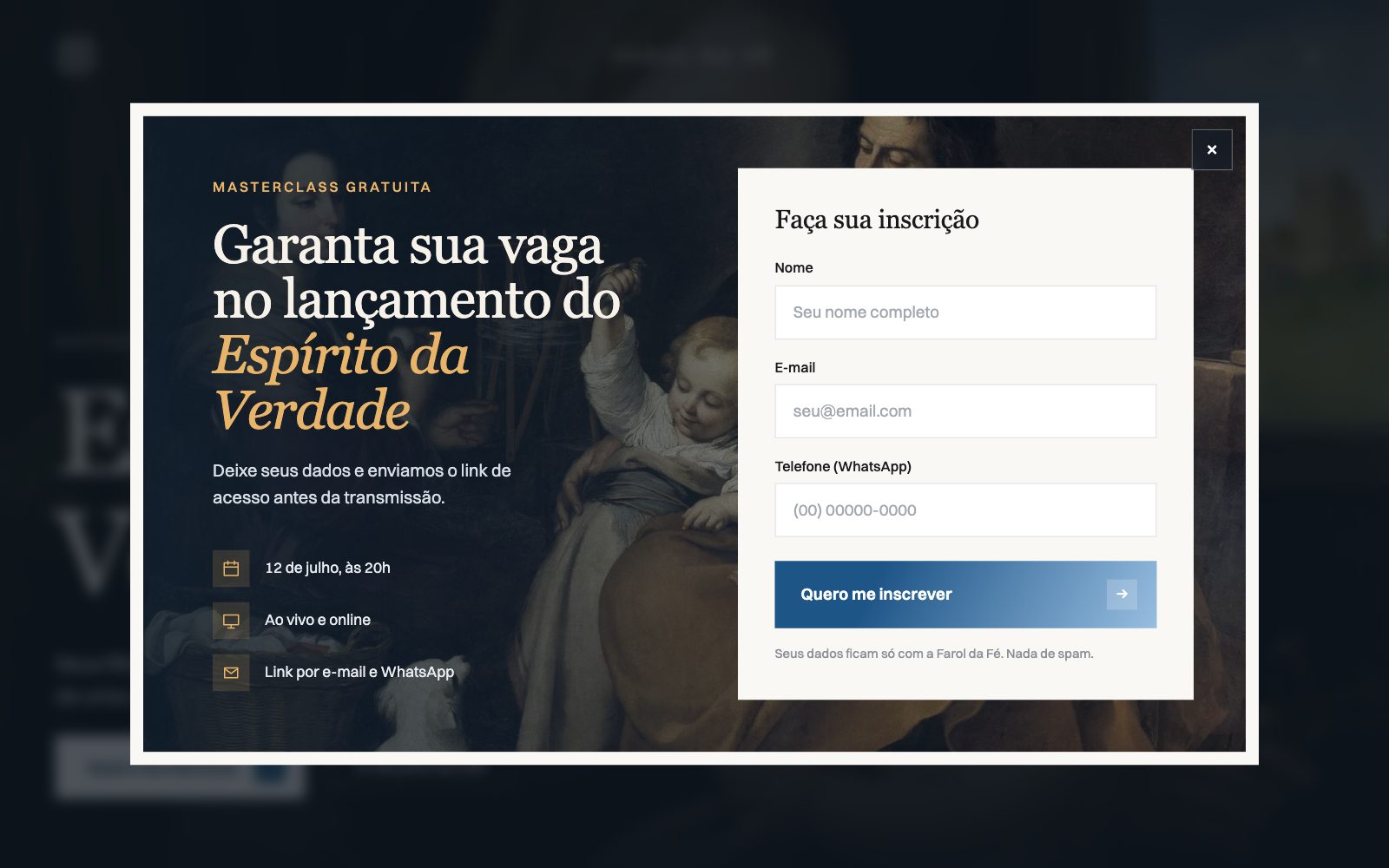 Modal de inscrição com a Sagrada Família de Murillo ao fundo e o formulário num box
