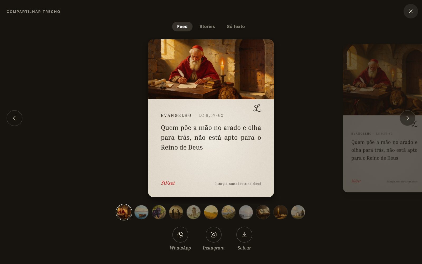Gerador de imagem com um trecho do Evangelho do dia sobre uma pintura, nos formatos feed e stories