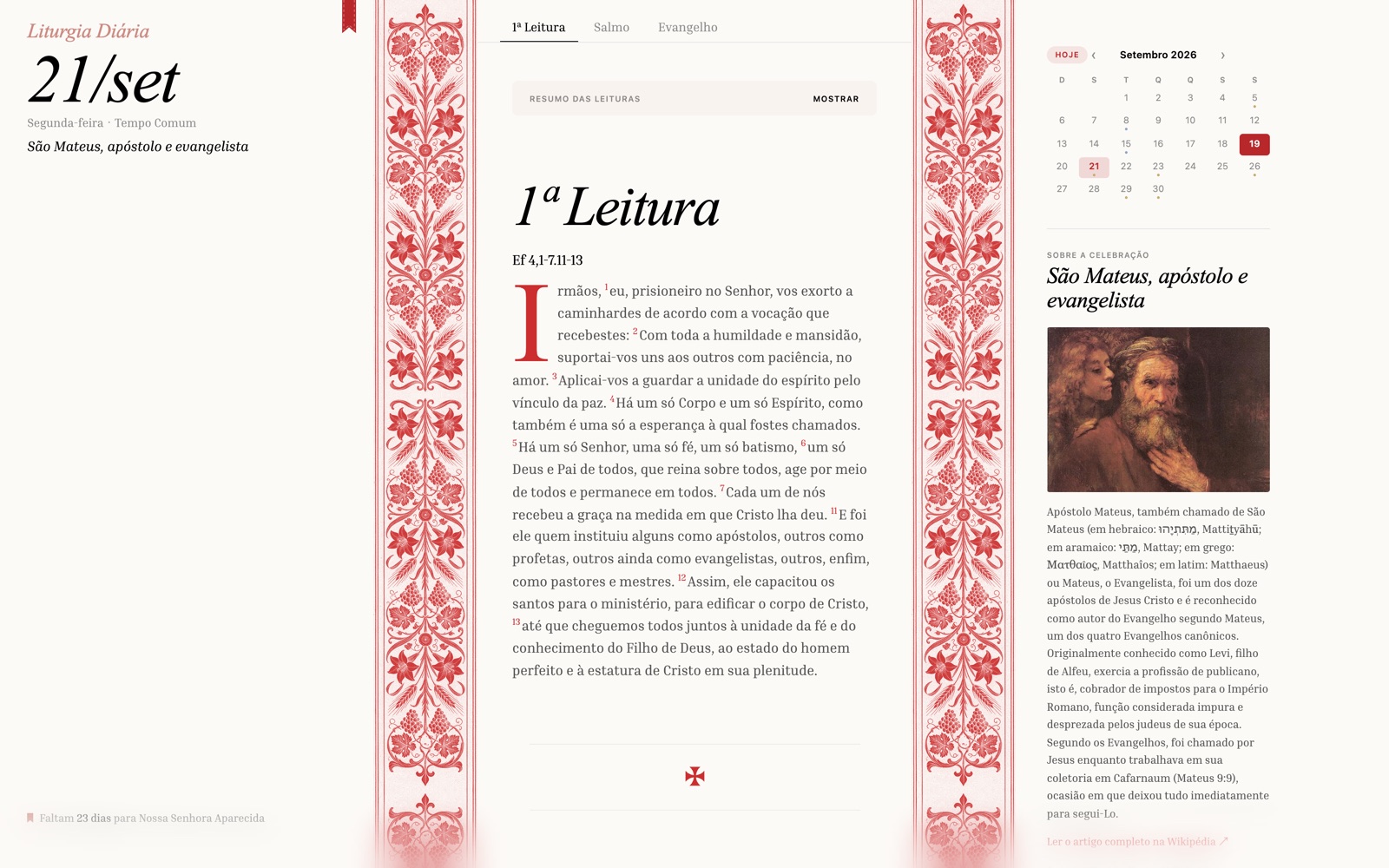 Celebração do dia na Liturgia Diária, com a biografia de São Mateus ao lado das leituras